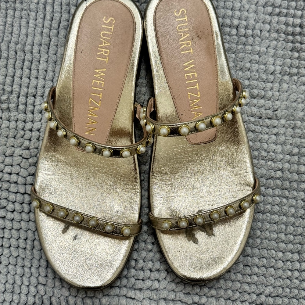 Stuart Weitzman Metallic Gold Pearl-Embellished Slide Sandals